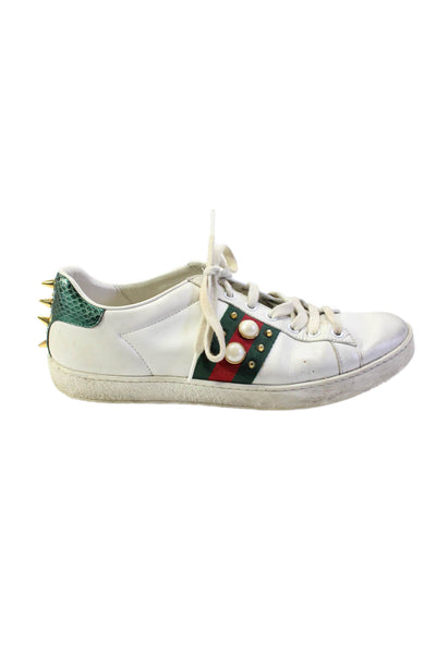 Gucci Womens Leather Studded Round Toe Low Top Sneakers White Size 37.5 7.5