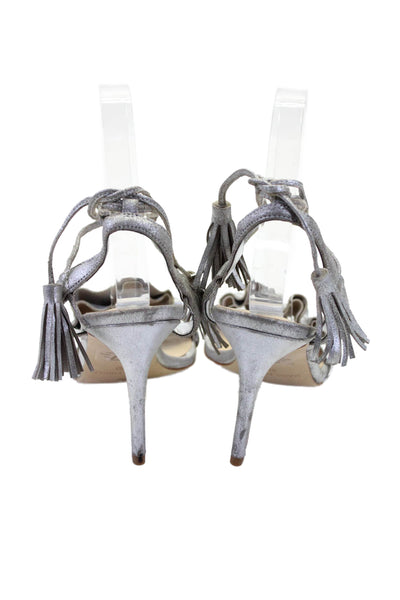 Marc Fisher Womens Leather Ruffled Lace Up Sandal Heels Silver Size 8 Medium