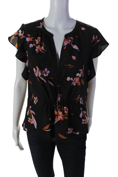 Josie Womens Floral Print Ruffled Short Sleeved Button Up Blouse Black Size M