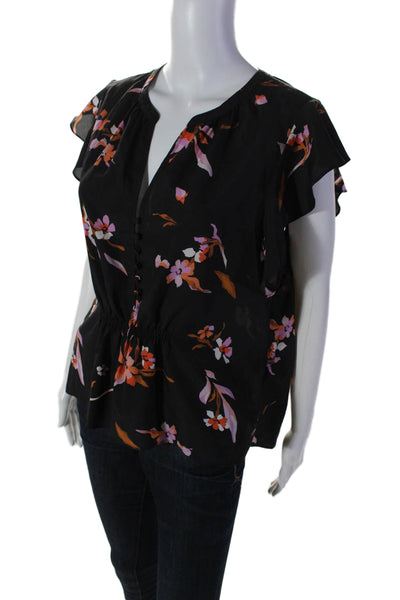 Josie Womens Floral Print Ruffled Short Sleeved Button Up Blouse Black Size M