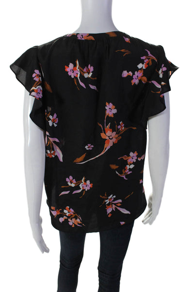 Josie Womens Floral Print Ruffled Short Sleeved Button Up Blouse Black Size M