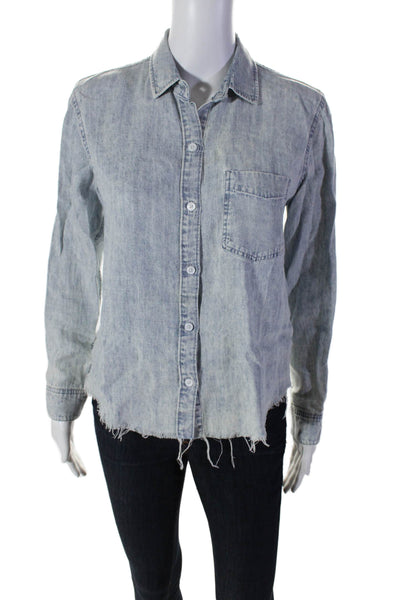 Rails Womens Jean Long Sleeved Button Up Distressed Collared Top Blue Size XS