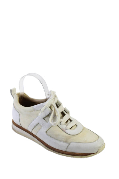 Hermes Mens Leather Low Top Lace Up Walking Sneakers White Beige Size 39.5 9.5