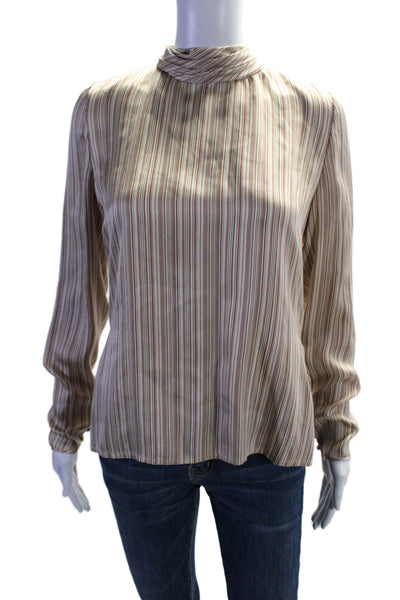 Bill Blass Womens Beige Striped Button Tie Back Long Sleeve Blouse Top Size 8