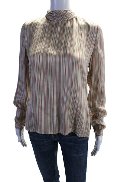 Bill Blass Womens Beige Striped Button Tie Back Long Sleeve Blouse Top Size 8