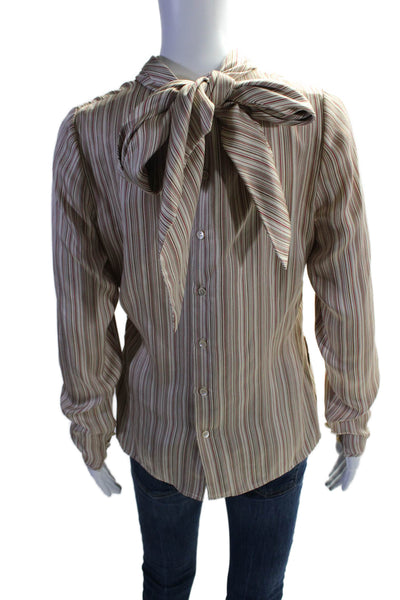 Bill Blass Womens Beige Striped Button Tie Back Long Sleeve Blouse Top Size 8