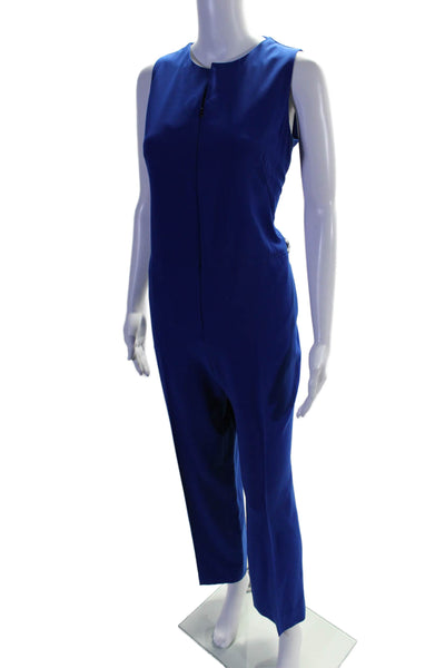 Gerard Darel Womens Blue V-Neck Sleeveless Pleated Straight Leg Jumpsuit Size 40