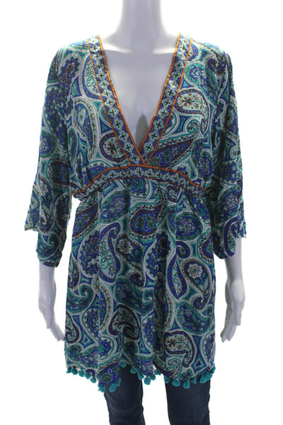 Trina Turk Womens V neck Open Back 3/4 Sleeve Paisley Coverup Dress Blue Size OS