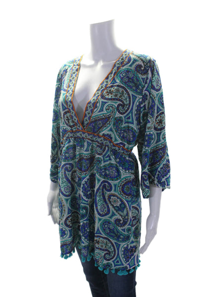 Trina Turk Womens V neck Open Back 3/4 Sleeve Paisley Coverup Dress Blue Size OS