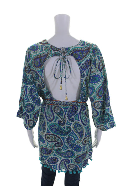 Trina Turk Womens V neck Open Back 3/4 Sleeve Paisley Coverup Dress Blue Size OS