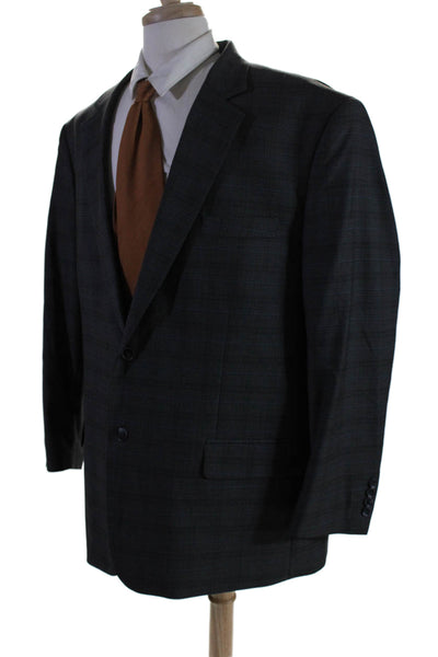 Oak Hill Mens Plaid Two Button Long Sleeves Blazer Jacket Gray Blue Size 52 Long