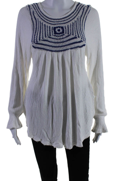 Free People Womens Woven Knit Long Sleeves Sweater White Blue Size Small