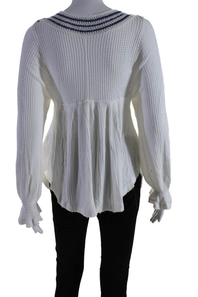 Free People Womens Woven Knit Long Sleeves Sweater White Blue Size Small