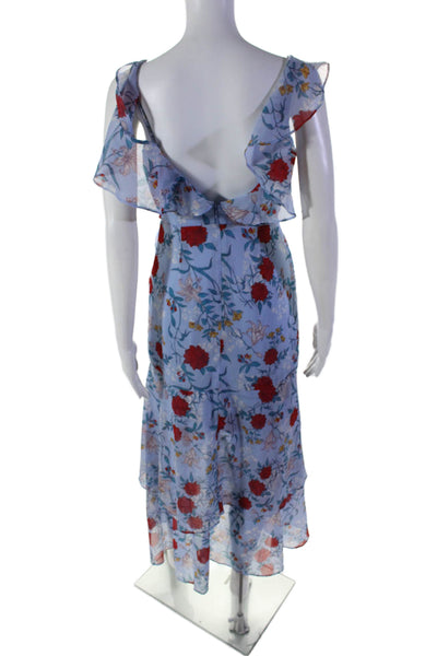 Bardot Womens Back Zip V Neck Floral Print Long Flare Dress Blue Size 4