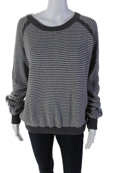 Designer Womens Long Sleeve Striped Tight Knit Sweater Gray Size Large