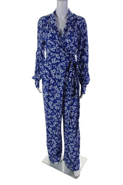 Ghost London Womens Long Sleeve V Neck Floral Wrap Jumpsuit Blue Size Small