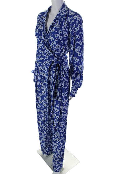 Ghost London Womens Long Sleeve V Neck Floral Wrap Jumpsuit Blue Size Small