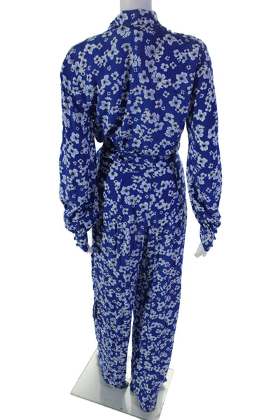 Ghost London Womens Long Sleeve V Neck Floral Wrap Jumpsuit Blue Size Small