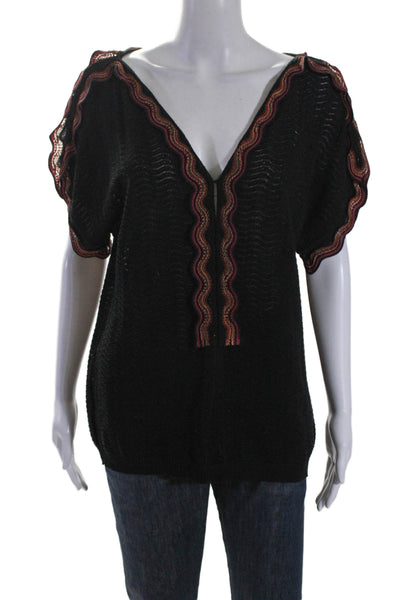 Missoni Women's V-Neck Short Sleeves Knit Scallop Edge Blouse Black Size S