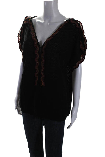 Missoni Women's V-Neck Short Sleeves Knit Scallop Edge Blouse Black Size S