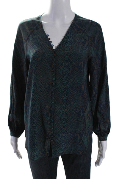 Joie Womens Silk Animal Print Long Sleeved Button Up V Neck Blouse Green Size XS