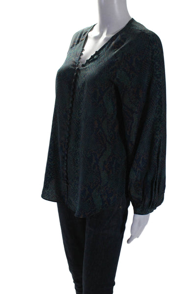 Joie Womens Silk Animal Print Long Sleeved Button Up V Neck Blouse Green Size XS