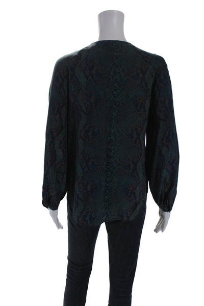Joie Womens Silk Animal Print Long Sleeved Button Up V Neck Blouse Green Size XS