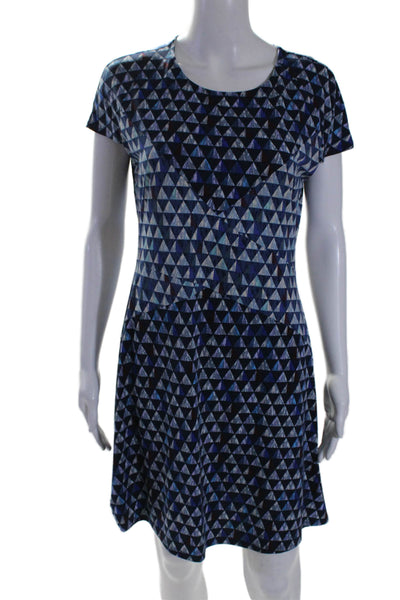 BCBGMAXAZRIA Womens Short Sleeve Scoop Neck Traingle Print Dress Blue Medium