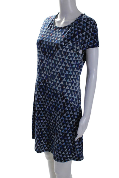 BCBGMAXAZRIA Womens Short Sleeve Scoop Neck Traingle Print Dress Blue Medium