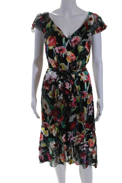 Elie Tahari Womens Sleeveless V Neck Satin Floral Dress Black Multi Size 6