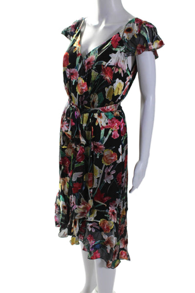 Elie Tahari Womens Sleeveless V Neck Satin Floral Dress Black Multi Size 6