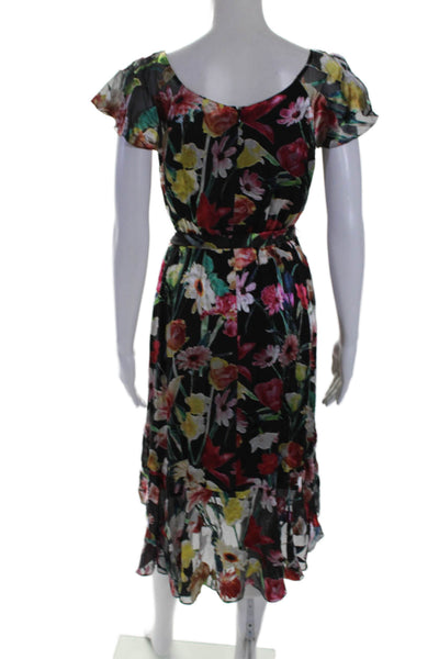 Elie Tahari Womens Sleeveless V Neck Satin Floral Dress Black Multi Size 6