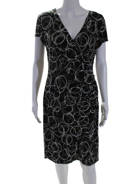 Joseph Ribkoff Womens Short Sleeve V Neck Abstract Ruched Dress Black Size 12