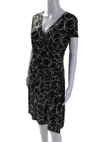 Joseph Ribkoff Womens Short Sleeve V Neck Abstract Ruched Dress Black Size 12