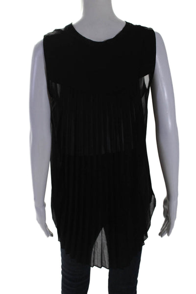 Elie Tahari Womens Sleeveless Crew Neck Sheer Overlay Pleated Top Black Small