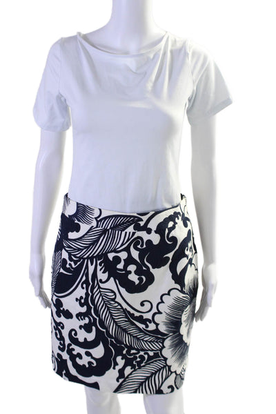 Milly Of New York Womens Cotton White Blue Printed Linen Pencil Skirt Size 8