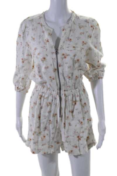 Splendid Womens Linen Half Sleeve Elastic Waistband Zip Floral Romper White Size