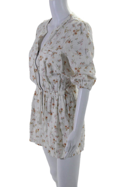 Splendid Womens Linen Half Sleeve Elastic Waistband Zip Floral Romper White Size