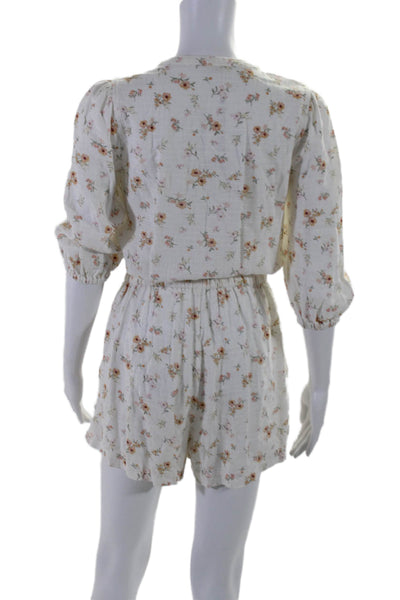 Splendid Womens Linen Half Sleeve Elastic Waistband Zip Floral Romper White Size