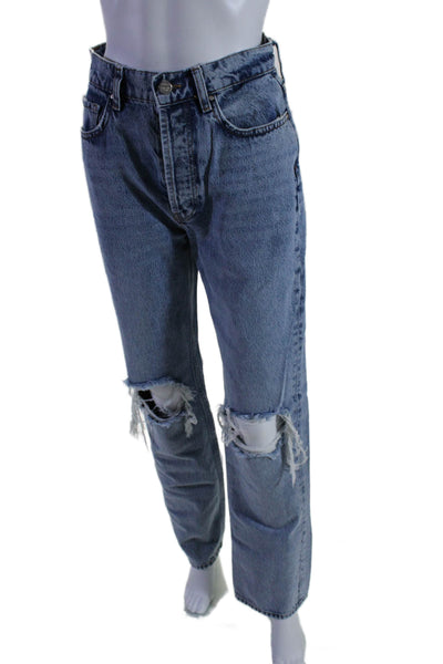 Anine Bing Womens Button Up High Rise Ripped Straight Leg Jeans Blue Size 26