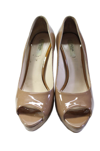 Prada Womens Stiletto Platform Peep Toe Pumps Brown Patent Leather Size 38.5