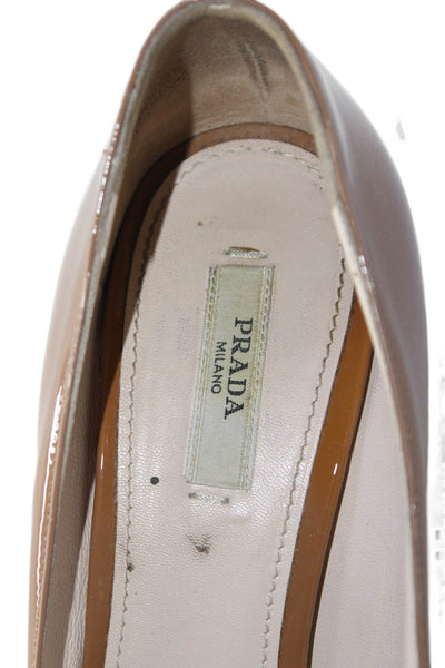 Prada Womens Stiletto Platform Peep Toe Pumps Brown Patent Leather Size 38.5