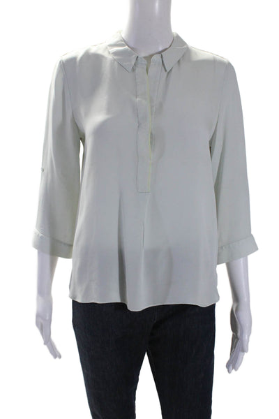 Elie Tahari Womens 3/4 Sleeve Half Button Collared Silk Shirt Green Beige Small