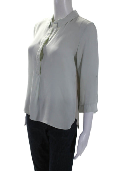 Elie Tahari Womens 3/4 Sleeve Half Button Collared Silk Shirt Green Beige Small