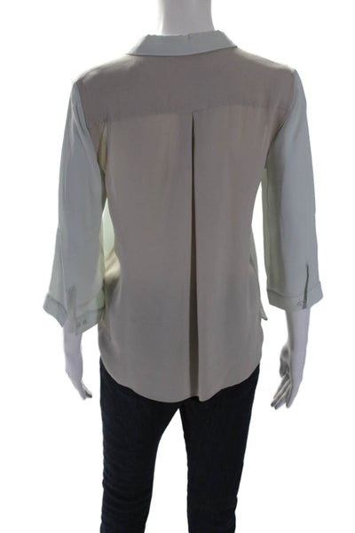 Elie Tahari Womens 3/4 Sleeve Half Button Collared Silk Shirt Green Beige Small