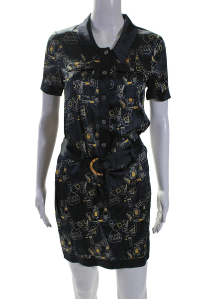 Penguin Womens Silk Button Belted Graphic Print Slip Dress Black Size M