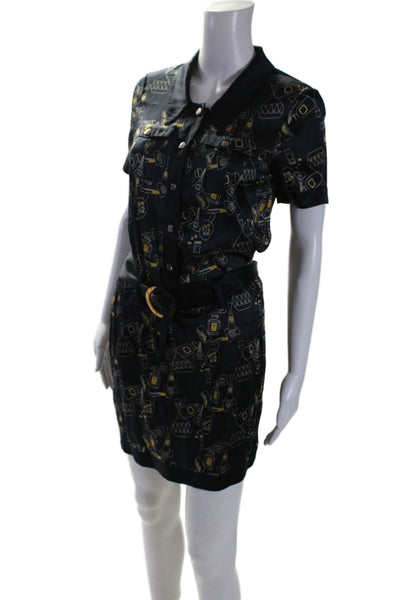 Penguin Womens Silk Button Belted Graphic Print Slip Dress Black Size M