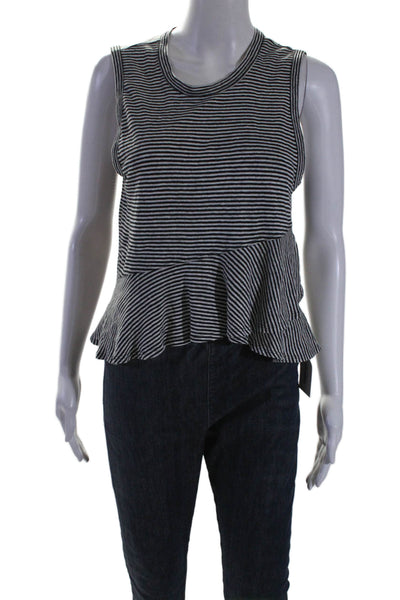 ALC Women's Round Neck Sleeveless Ruffle Blouse Black White Striped Size XS