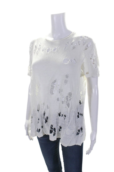 IRO Womens Linen White Distress Crew Neck Short Sleeve Tee Top Size 0