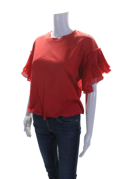 Alice + Olivia Womens Cotton Bright Red Ruffle Short Sleeve Blouse Top Size S